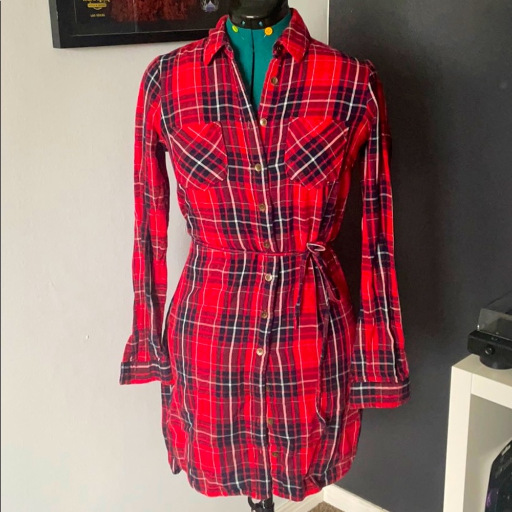Red plaid button up Dress